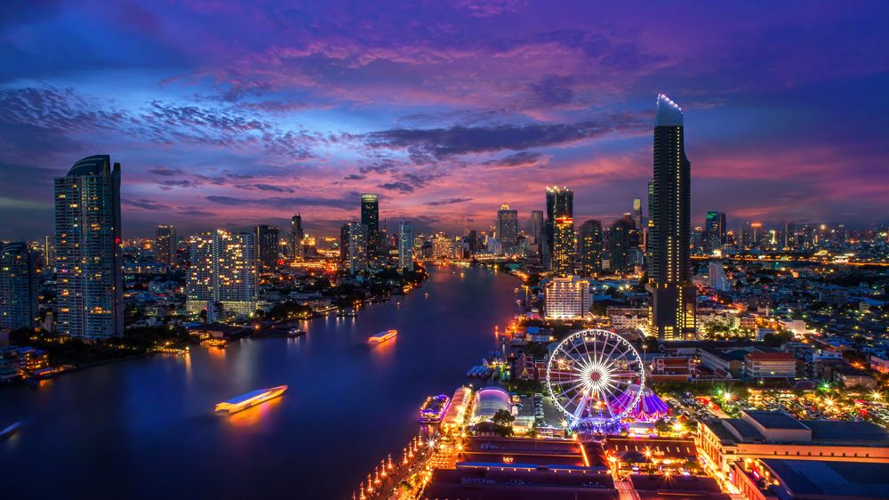 Bangkok travel scene featuring ornate Thai temples, bustling street food markets, tuk-tuks, and a modern city skyline.