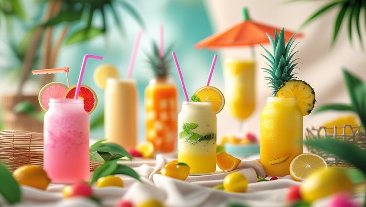 Thai-inspired drinks and desserts served at a restaurant, featuring refreshing beverages and sweet treats.