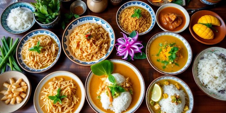 A diverse spread of traditional Thai dishes showcasing the variety of Thai cuisine