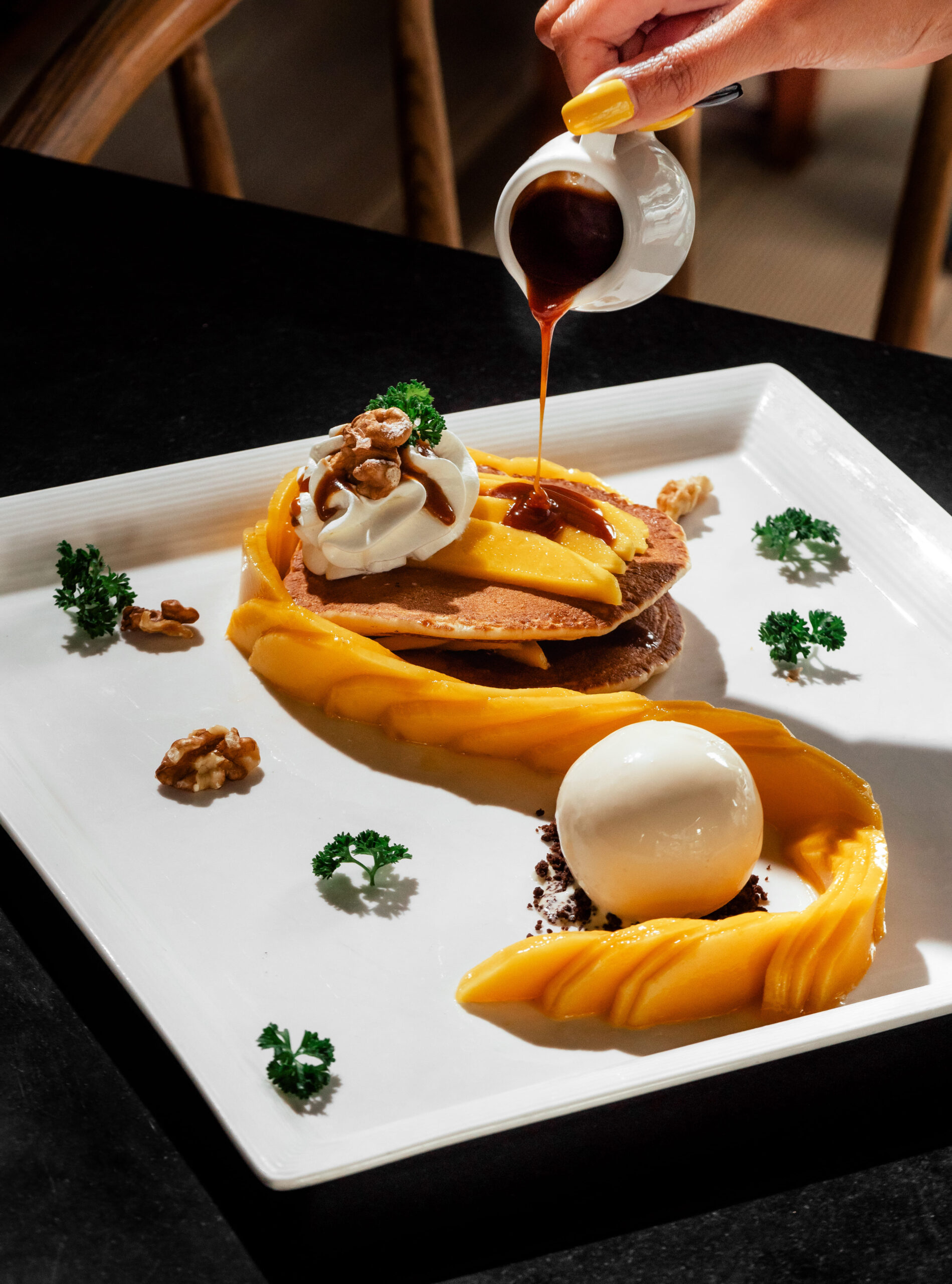 Salted Caramel Pancakes with caramelised banana, walnuts and salted caramel butter