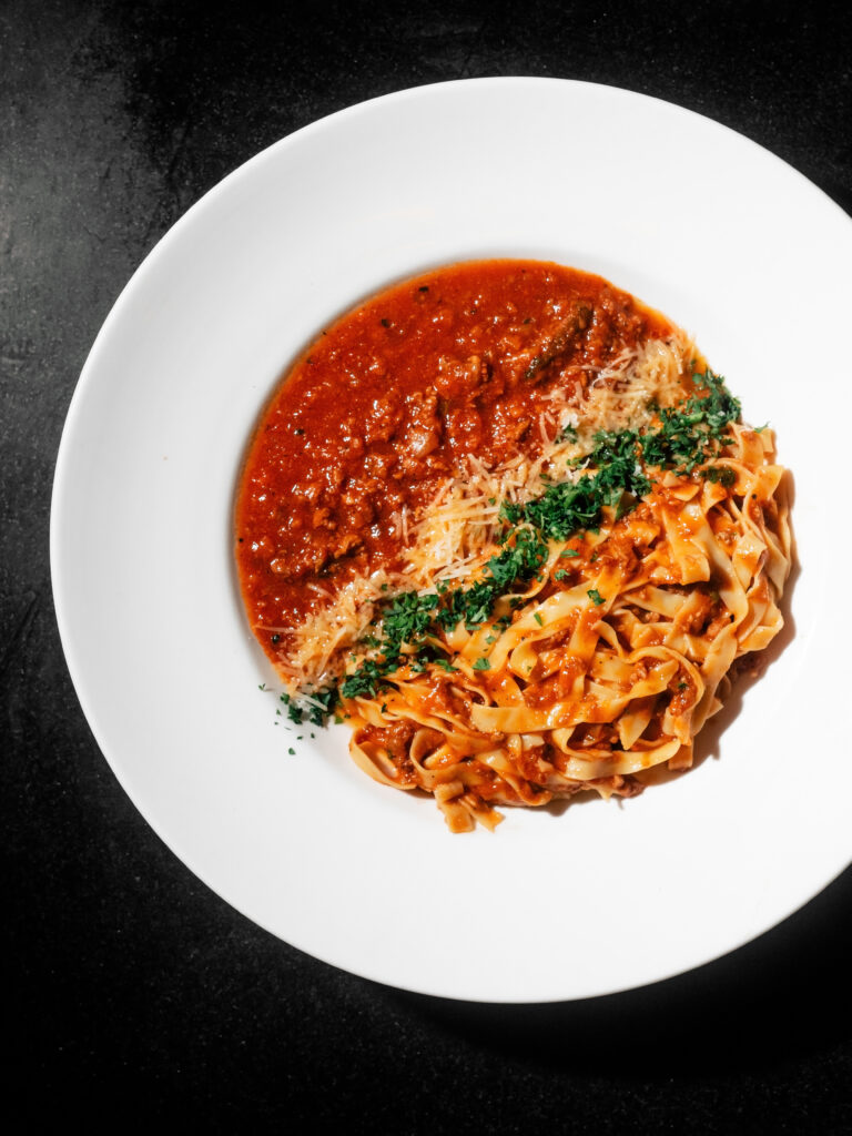 Bolognese pasta with slow-cooked beef and homemade tomato sauce