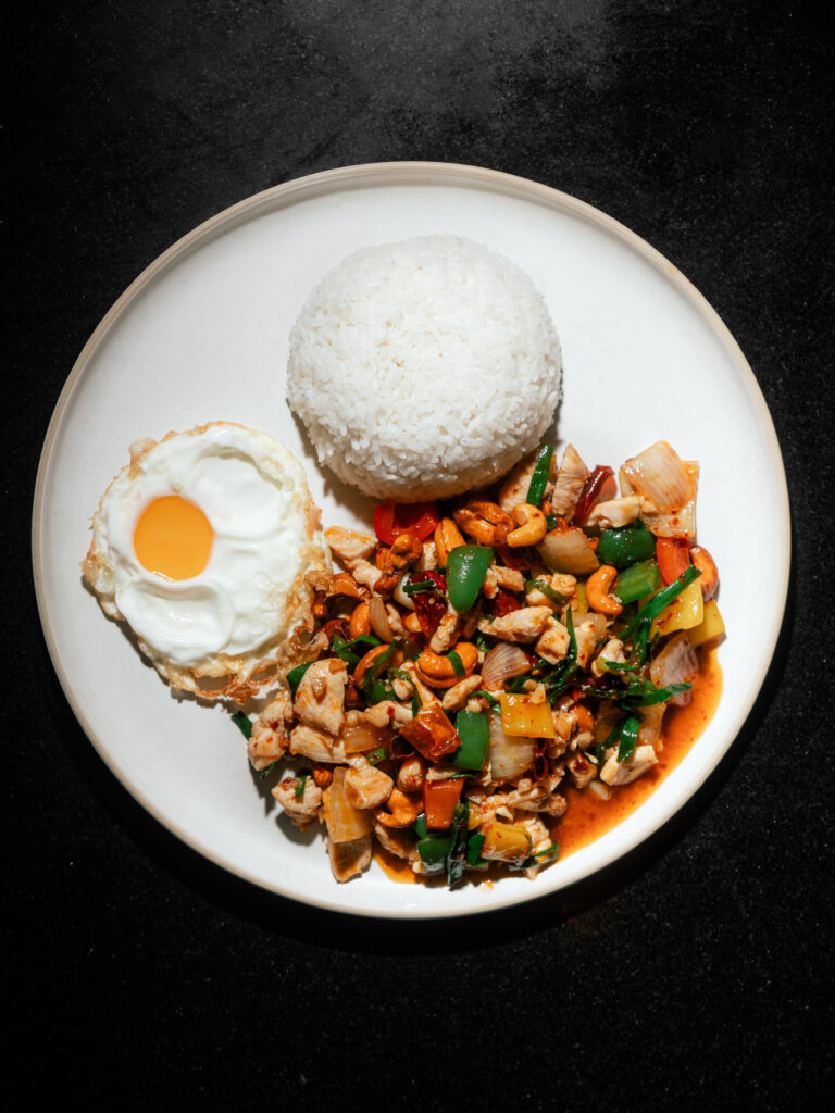 Chicken Cashew Nut with peppers, dried chilies and jasmine rice
