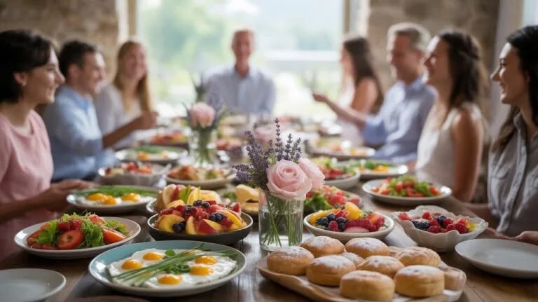 Friends enjoying a social brunch together at a restaurant