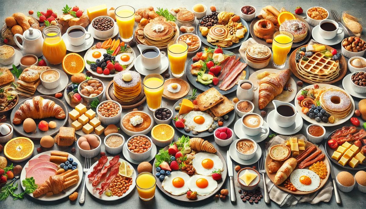 Brunch spread featuring a variety of sweet and savory breakfast and lunch dishes