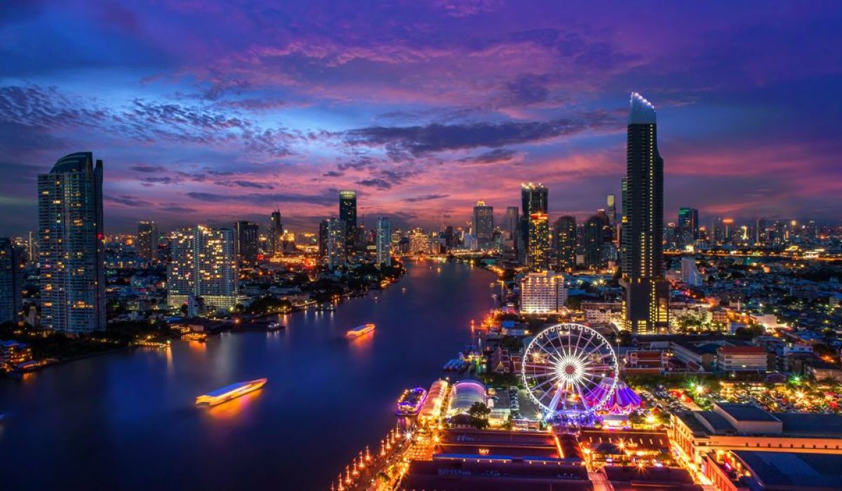 Bangkok travel scene featuring ornate Thai temples, bustling street food markets, tuk-tuks, and a modern city skyline.